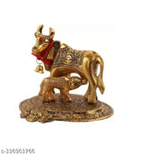 Golden Kamdhenu Cow & Calf Gomata Statue, 3x2x3 inches, holy wish-fulfilling figurine in golden metal, Indian artisan craftsmanship